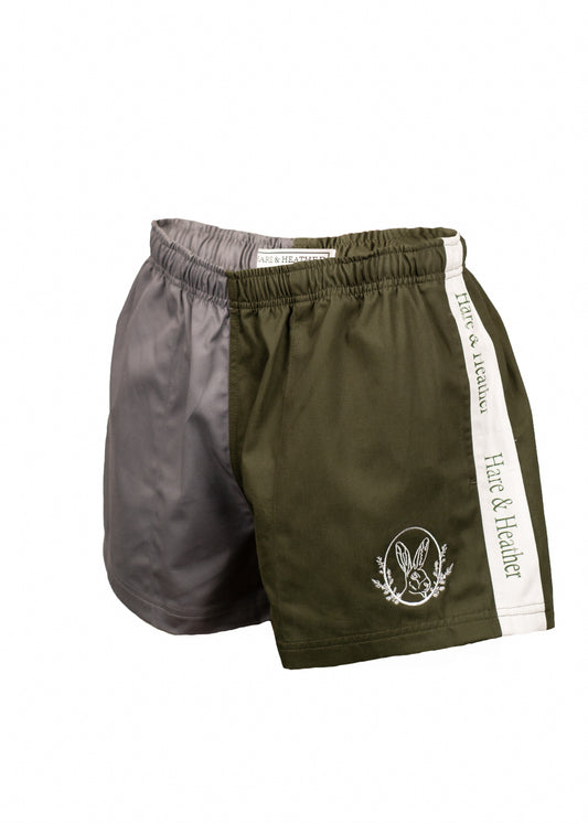 UNISEX SHROPSHIRE SPLIT RUGBY SHORTS | MOORLAND GREEN / GREY